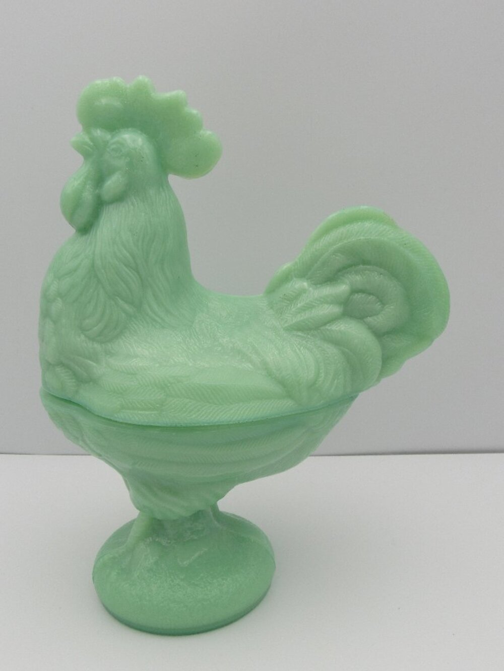 Jadeite Glass Standing Rooster Covered Candy or Trinket Dish - 9"